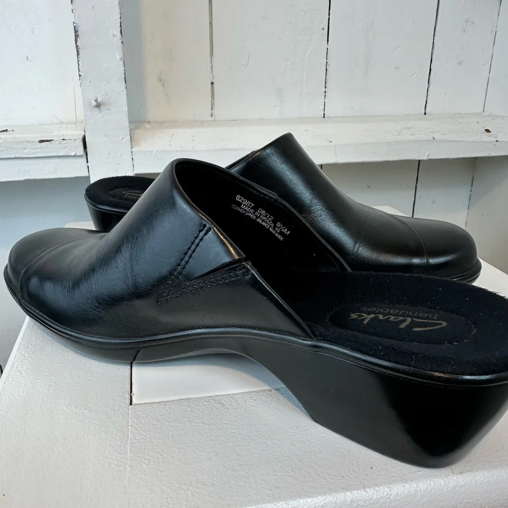 Clarks Bendables Slip-On Clogs Women’s Size 9.5 Classic Black Like New Leather - Picture 10 of 11